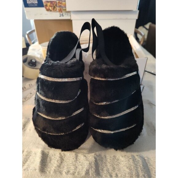 Bamboo Women's Black Fur Rhinestone Slingback Slippers Comfy Warmness Size 9‎ - Picture 1 of 8